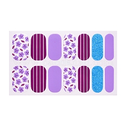 Autocollants de vernis à ongles à imprimé léopard floral de fruits, bandes de décalcomanies à ongles en poudre scintillante auto-adhésives, avec des fichiers tampons de manucure gratuits, support violet, 25x8.5~15mm, 14pcs / feuille