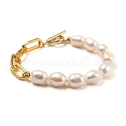 Bracelets de perles de perle de keshi de perle baroque naturelle, avec chaînes de trombones en fer et 304 fermoir à bascule en acier inoxydable, or, 7.28~7.68 pouce (18.5~19.5 cm)