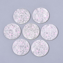 Pendentifs en acétate de cellulose (résine), 3d imprimé, plat rond, motif de fleurs de sakura, perle rose, 39x2.5mm, Trou: 1.6mm