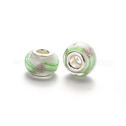 Handmade Lampwork European Beads, Bumpy, Large Hole Rondelle Beads, with Platinum Tone Brass Double Cores, with Flower Pattern, Floral White, 14~16x9~10mm, Hole: 5mm