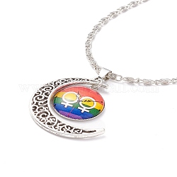 Regenbogen-Pride-Halskette, Flache runde Halskette mit Muster und Mondanhänger für Männer und Frauen, antikem Silber & Platin, Gender-Symbol, 18.31 Zoll (46.5 cm)