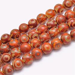 Natural Tibetan 3-Eye dZi Agate Beads Strands, Round, Dyed & Heated, Orange, 8mm, Hole: 1.2mm, about 47pcs/strand, 15 inch