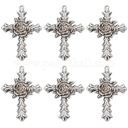 Sunnyclue 10 Stück große Legierungsanhänger im tibetischen Stil, Kreuz mit Rosenanhänger, Antik Silber Farbe, 55.5x40x7 mm, Bohrung: 2.2 mm