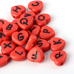 Horizontal Hole Opaque Acrylic Beads, Heart with Random Letters, Crimson, 10.5x11.5x4.5mm, Hole: 2mm, about 1200pcs/500g