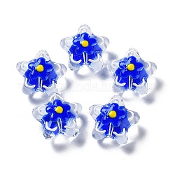 Abalorios de colores vario hechos a mano, con esmalte, estrella con la flor, azul medio, 20~20.5x21~21.5x11.5~12mm, agujero: 1.6 mm