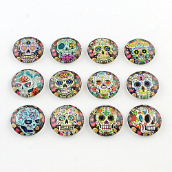 Half Round/Dome Sugar Skull Pattern Glass Flatback Cabochons for DIY Projects, For Mexico Holiday Day of the Dead, Mixed Color, 10x3.5mm