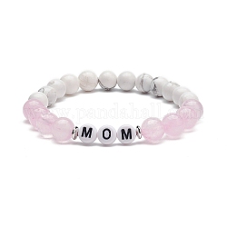 Quartz rose naturel & howlite & bracelet extensible perlé acrylique, bijoux mot maman pour la fête des mères, rose, diamètre intérieur: 2-1/4 pouce (5.7 cm)