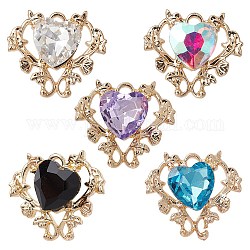 5Pcs 5 Colors Glass Rhinestone Pendants, with Golden Alloy Finding, Heart Charms, Mixed Color, 18.5x21x6mm, Hole: 2mm, 1Pc/color