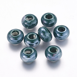 Handmade Porcelain Beads, Pearlized, Rondelle, Dark Cyan, 15x10mm, Hole: 6mm