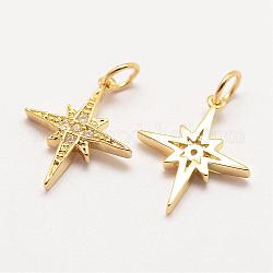 Brass Micro Pave Grade AAA Cubic Zirconia Pendants, Long-Lasting Plated, Star, Cadmium Free & Nickel Free & Lead Free, Real 18K Gold Plated, 16x14x2mm, Hole: 3mm
