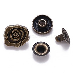 Brass Snap Buttons, Alloy Cap, Garment Buttons, Cadmium Free & Lead Free, Rose Flower, Antique Bronze, Cap: 14x13mm, Pin: 3mm, Stud: 10x4mm, knob: 4.5mm & 10x6.5mm, knob: 3.5mm, Socket: 12x4mm, half-drill: 5mm