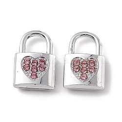Pendentifs en strass rose clair en alliage, cadenas avec breloque coeur, platine, 15x9.5x3.5mm, Trou: 5x5mm