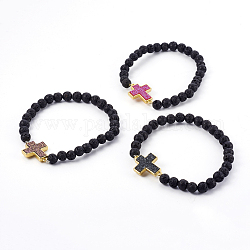 Bracelets extensibles en perles de lave naturelle, avec des liens en laiton, avec acrylique druzy, croix, couleur mixte, 2-1/2 pouce (6.4 cm)