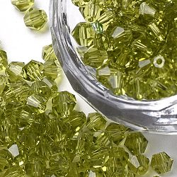 Nachahmung 5301 Doppelkegel Perlen, transparente facettierte Glasperlen, Olive, 4x3 mm, Bohrung: 1 mm, ca. 720 Stk. / Beutel