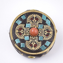 Perline  indonesia fatto a mano, con accessori di ottone, rotondo e piatto, oro, turchese scuro, 22x21x11mm, Foro: 2 mm
