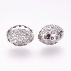 Messing Mikro ebnen Zirkonia Perlen, Oval, hohl, Platin Farbe, 13.5x11x10 mm, Bohrung: 2 mm