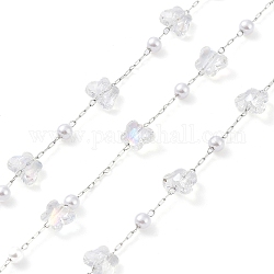 Handmade Glass Butterfly and ABS Plastic Imitation Pearl Beaded Chains, with 304 Stainless Steel Findings, Soldered, with Spool, Platinum, 4x3.5mm, 6x7.5x4.5mm, about 16.40 Feet(5m)/Roll