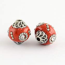 Round Handmade Indonesia Beads, with Rhinestones and Antique Silver Metal Color Alloy Cores, Red, 14x15mm, Hole: 1.5mm