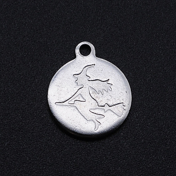201 Stainless Steel Charms, Flat Round with Witch, Stainless Steel Color, 14x12x1mm, Hole: 1.4mm