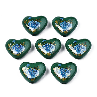 Perles cardiaques acryliques opaques de fleurs imprimés&nbsp;SACR-S305-28-N02-1