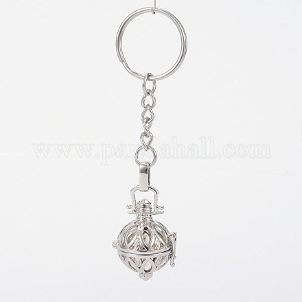 Platinum Plated Brass Hollow Round Cage Chime Ball Keychain KEYC-J073-D02-1