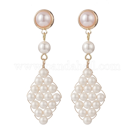 Orecchini pendenti con perle di conchiglia e rombi intrecciati in plastica EJEW-TA00166-1