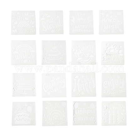 誕生日テーマペットプラスチック図面絵画ステンシルテンプレート  混合図形  DIYスクラップブッキング用  ホワイト  15x15x0.01cm  16個/セット DIY-P080-A02-1