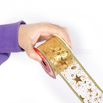10mのクリスマステーマプリントオーガンジーリボン  服飾材料  箔押し音符＆星柄  ゴールド  2インチ（50mm）  約10.94ヤード（10m）/ロール MUSI-PW0002-034B-1