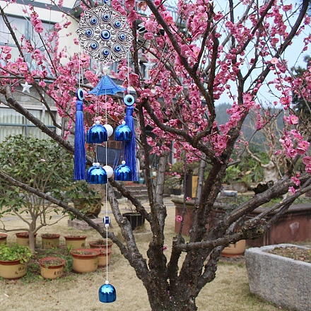 ナザールボンジュウの風鈴  合金パーツ  庭の中庭の吊り下げ装飾用  花  ブルー  580mm PW-WG76763-02-1