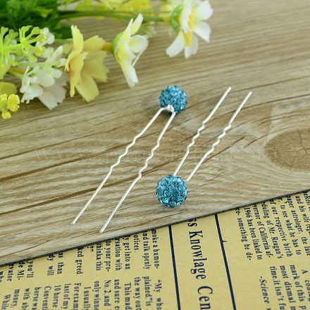 Lady's Hair Accessories Silver Color Iron Polymer Clay Rhinestone Ball Hair Forks PHAR-S187-02-1