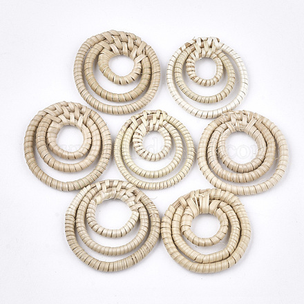 手作りリードケーン/ラタン編みペンダント  わらのイヤリングやネックレスを作るための  フラットラウンド  アンティークホワイト  37~43x4~5mm WOVE-T006-048-1