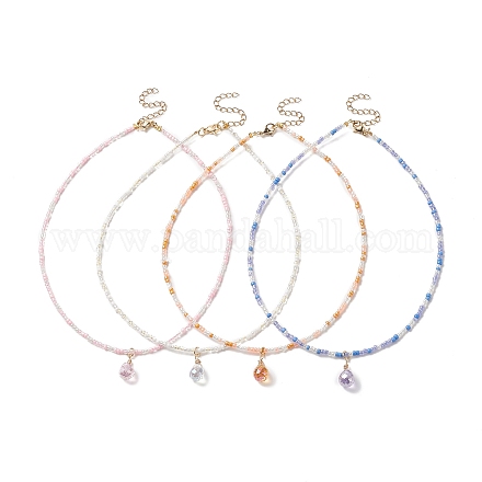 Glastropfen-Anhänger-Halskette mit Saatperlenketten für Frauen NJEW-JN04260-1