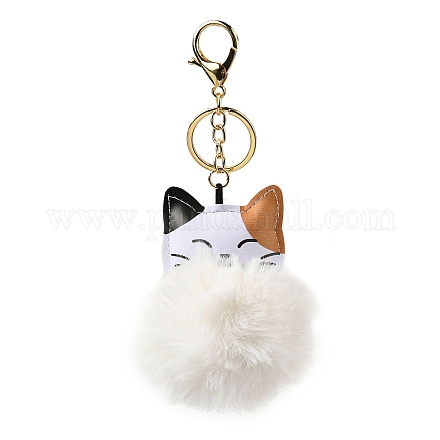 Imitation Rex Rabbit Fur Ball & PU Leather Cat Pendant Keychain KEYC-K018-05KCG-01-1