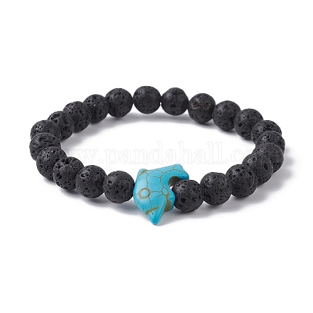 Bracelets extensibles en perles de lave naturelle et dauphin turquoise synthétique BJEW-JB09826-01-1