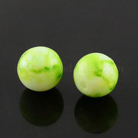 Perles rondes en verre peint par pulvérisation jaune vert X-GLAA-R139-14mm-12-1