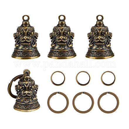 SUPERFINDINGS Biker Hanging Charms Kit Including 4pcs Brass Lion Bell Pendants and 4pcs Key Rings DIY-FH0004-77-1