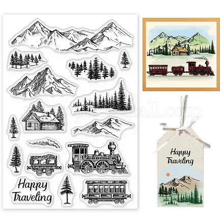 GLOBLELAND Happy Forest Traveling Clear Stamps Mountain Tree House Train Silicone Clear Stamp Seals for Cards Making DIY Scrapbooking Photo Journal Album Decoration DIY-WH0167-56-941-1