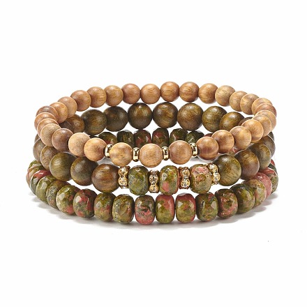 3pcs 3 style bois de santal naturel et ensemble de bracelets extensibles perlés unakite BJEW-JB07942-1