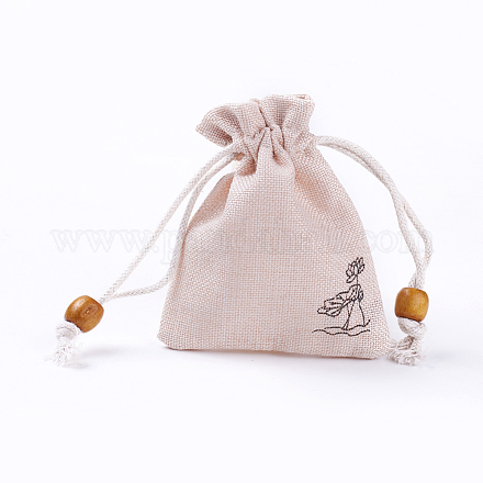 黄麻布製梱包袋ポーチ  巾着袋  木製のビーズで  アンティークホワイト  10~10.1x8.2~8.3cm X-ABAG-L006-A-03-1