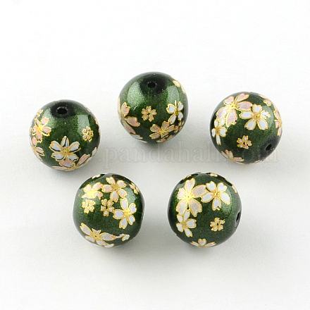Perles rondes imprimées de motif de fleur rose en verre GFB-R005-10mm-E06-1