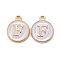 Golden Plated Alloy Charms, Cadmium Free & Lead Free, with Enamel, Enamelled Sequins, Flat Round with Letter, White, Letter.F, 14x12x2mm, Hole: 1.5mm