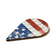 アメリカの国旗をテーマにした片面プリントアスペンウッドビッグペンダント  ティアドロップチャーム  チョコレート  57.5x34.5x2.5mm  穴：1.6mm WOOD-G014-12-4