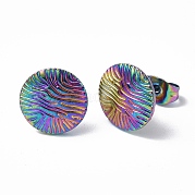 Ion Plating(IP) 304 Stainless Steel Textured Flat Round Stud Earrings for Women EJEW-F300-02MC