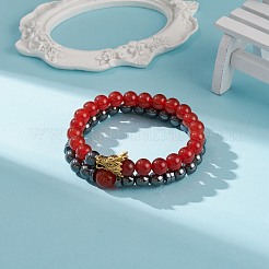 2pcs 2 style cornaline d'agate rouge naturelle (teinte et chauffée) et bracelets extensibles en hématite synthétique sertis de dragon en alliage&nbsp;BJEW-JB08655