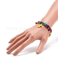 Natürliches Mashan-Jade-Totenkopf-Stretch-Armband mit synthetischem türkisfarbenem (gefärbtem) Kreuzanhänger&nbsp;BJEW-JB08372