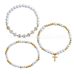 3 Stück Armbandset mit Imitationsperlenbuchstaben und Metallkreuz (mehrreihig)&nbsp;NP1361