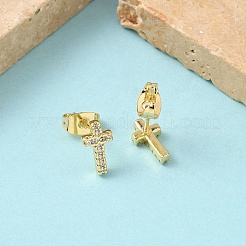Orecchini a bottone con croce in ottone con micro pavè di zirconi trasparenti&nbsp;EJEW-Z144-25G