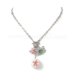 Colliers pendentifs ovales en porcelaine faits main avec pendentif en forme d'étoile de mer et d'animaux marins en acier inoxydable 304&nbsp;NJEW-JN06563