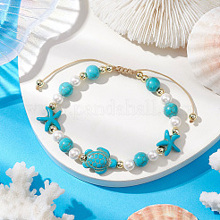 Armbänder aus synthetischen türkisfarbenen geflochtenen Perlen mit Seestern und Schildkröte&nbsp;BJEW-JB11047-01