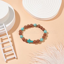Bracelet extensible en perles de rudraksha vert synthétique (teint) et turquoise (teint) et naturel&nbsp;BJEW-TA00187-01